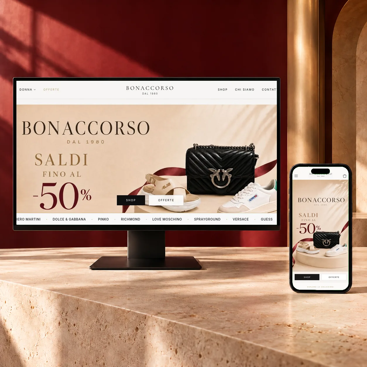 Homepage del sito Bonaccorso Outlet su monitor e iPhone