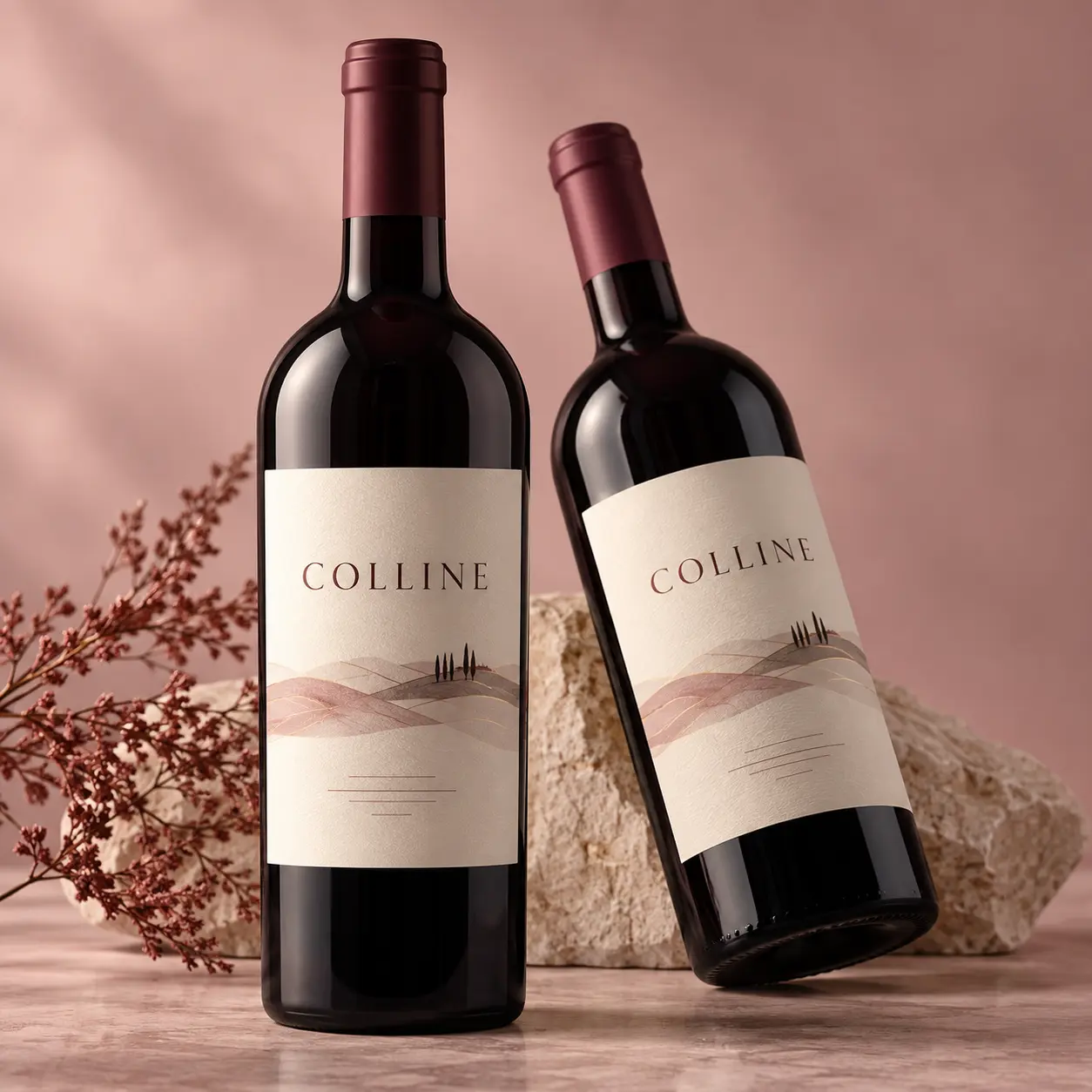 Due bottiglie di vino Colline con etichette coordinate