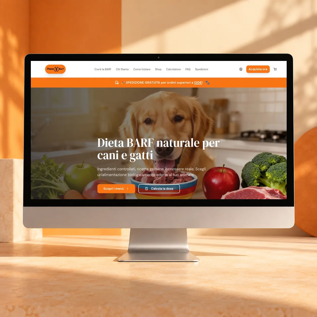 Homepage del sito Happy Barf con il catalogo dei prodotti, su monitor