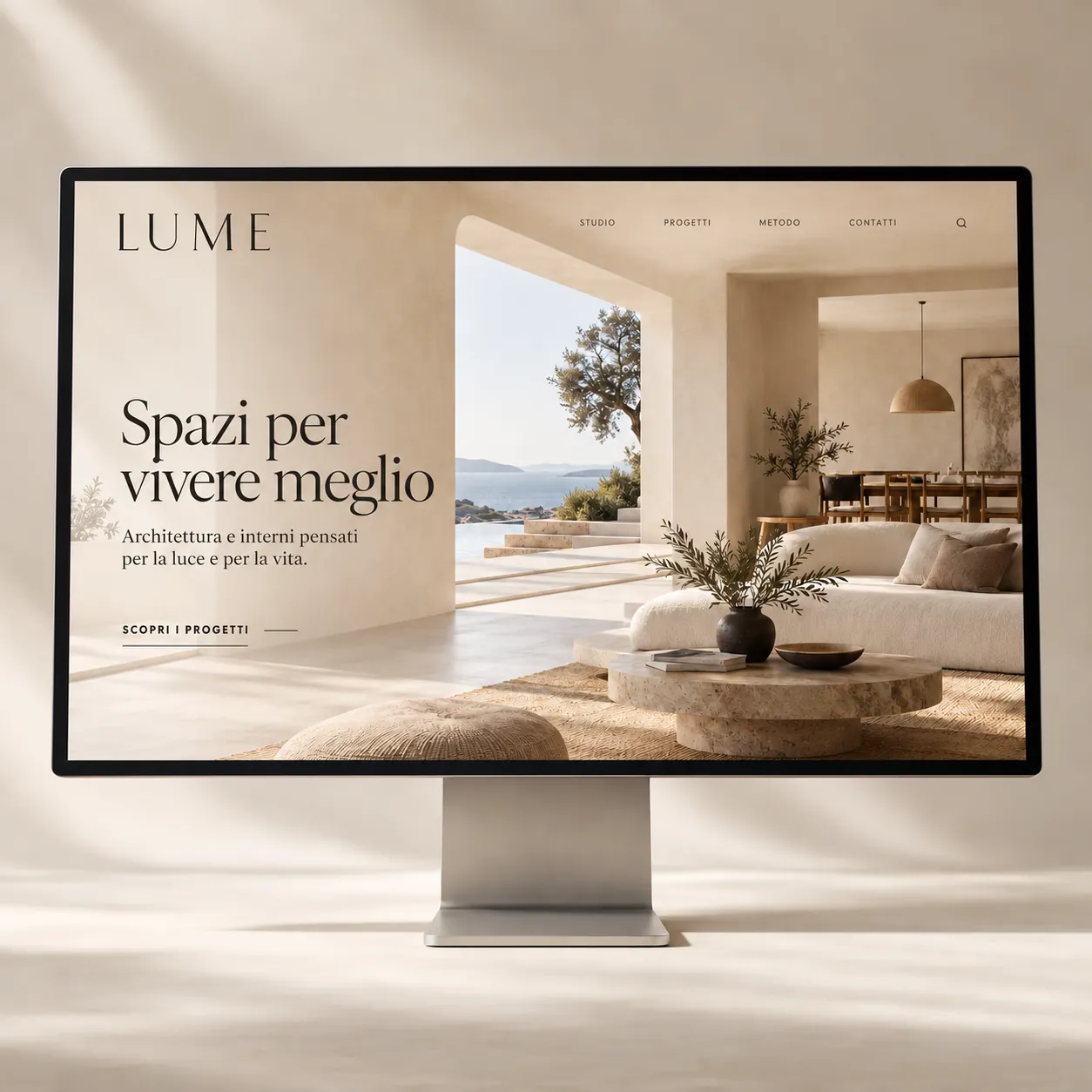 Homepage del sito Lume, studio di architettura, su monitor