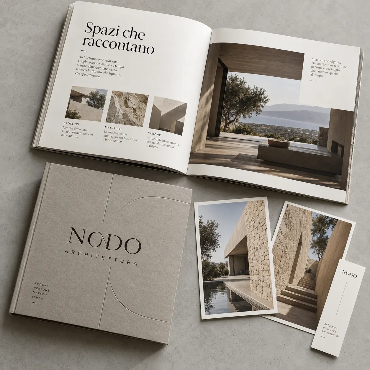 Brochure aperta e cartoline dello studio di architettura Nodo