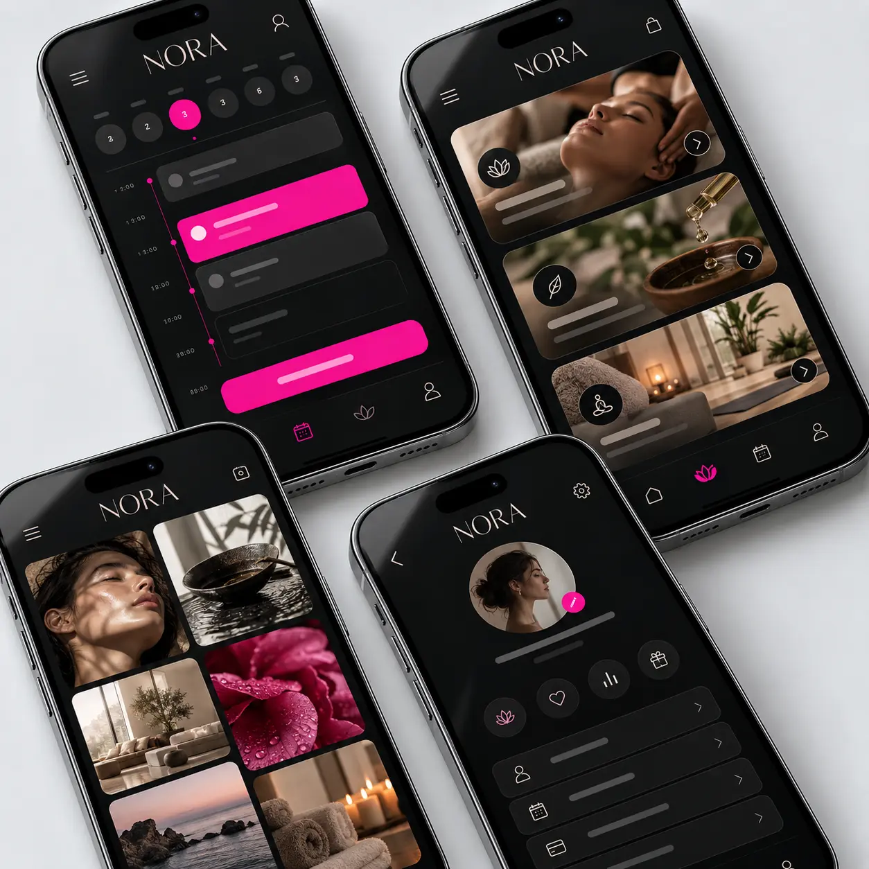Quattro schermate dell’app mobile Nora