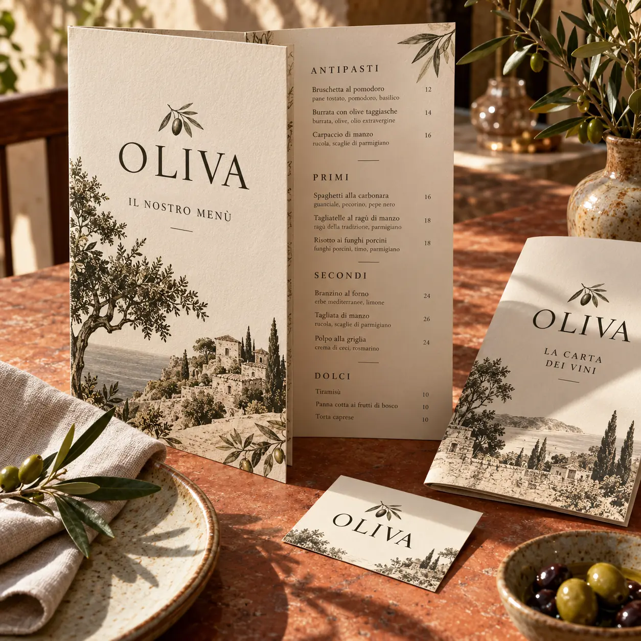 Menu da tavolo, carta dei vini e biglietti Oliva