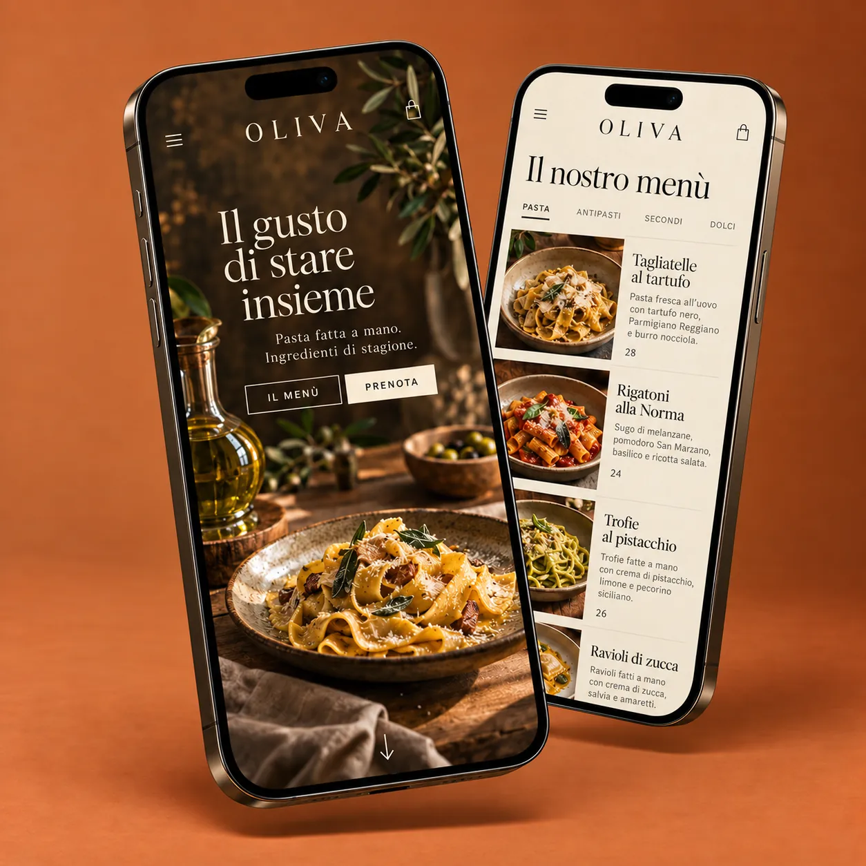 Il sito della trattoria Oliva visto su due telefoni