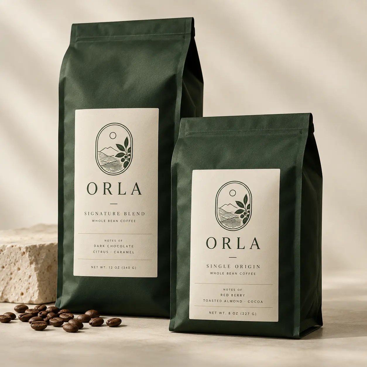 Due confezioni di caffè Orla con etichette coordinate