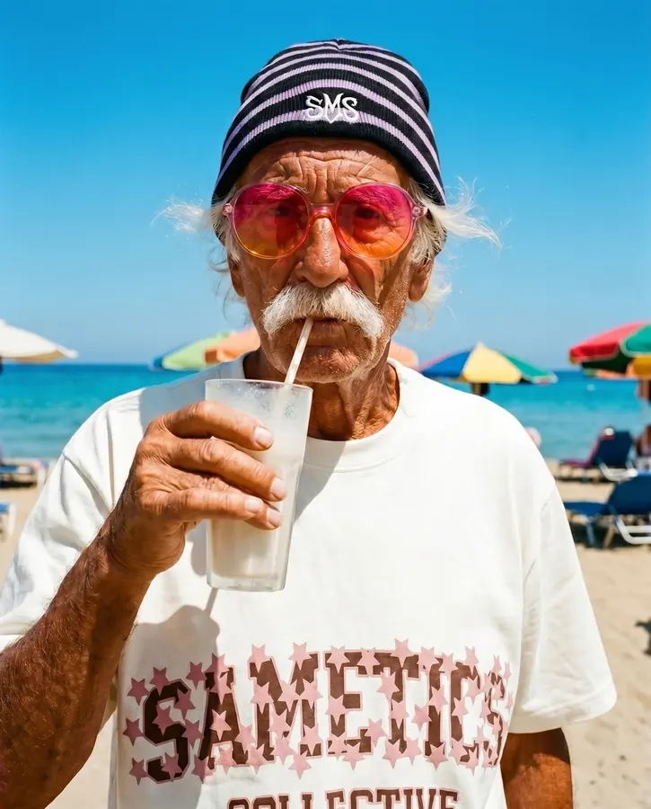 Signore in spiaggia con berretto e t-shirt Sametics