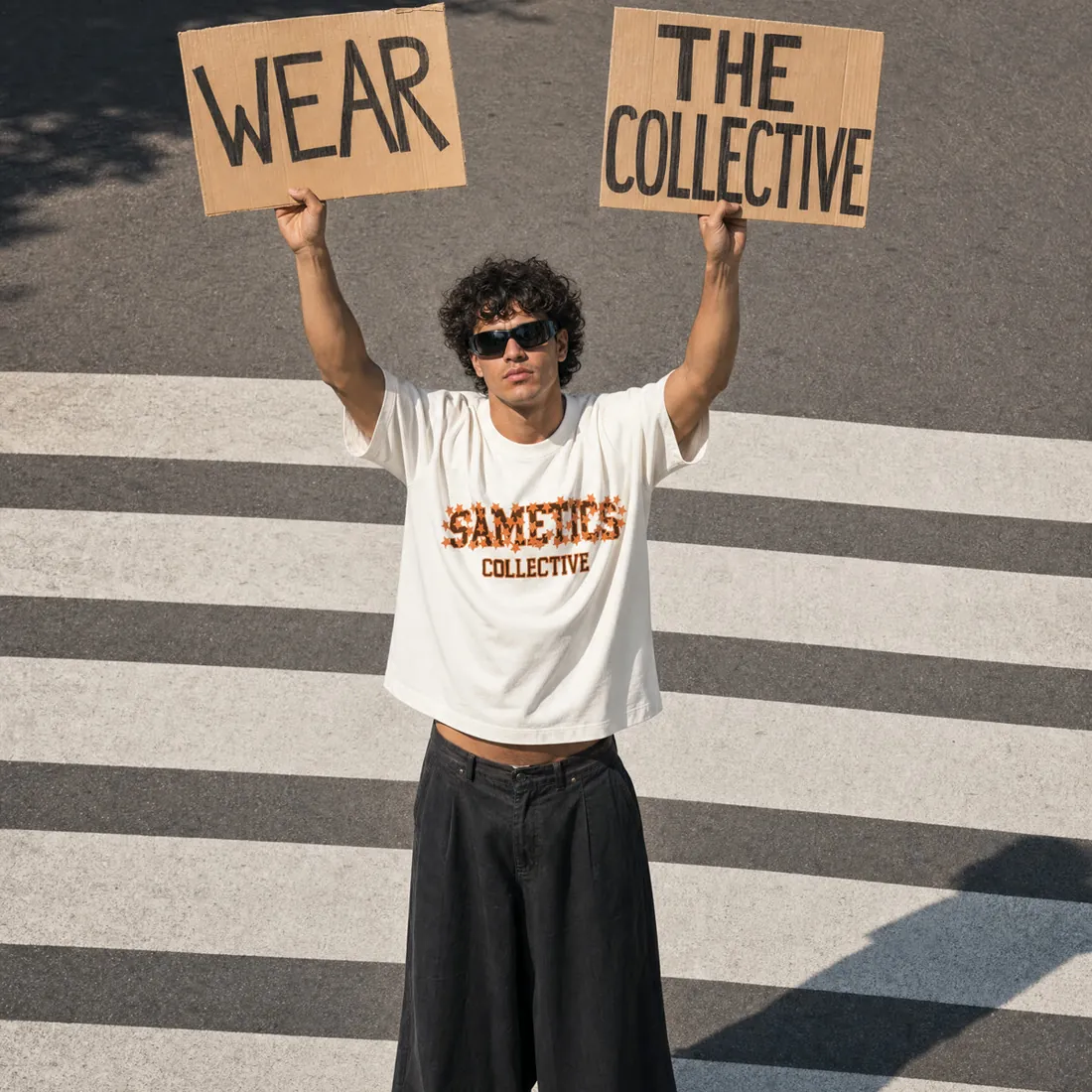Campagna Sametics: ragazzo con due cartelli, “Wear the collective”
