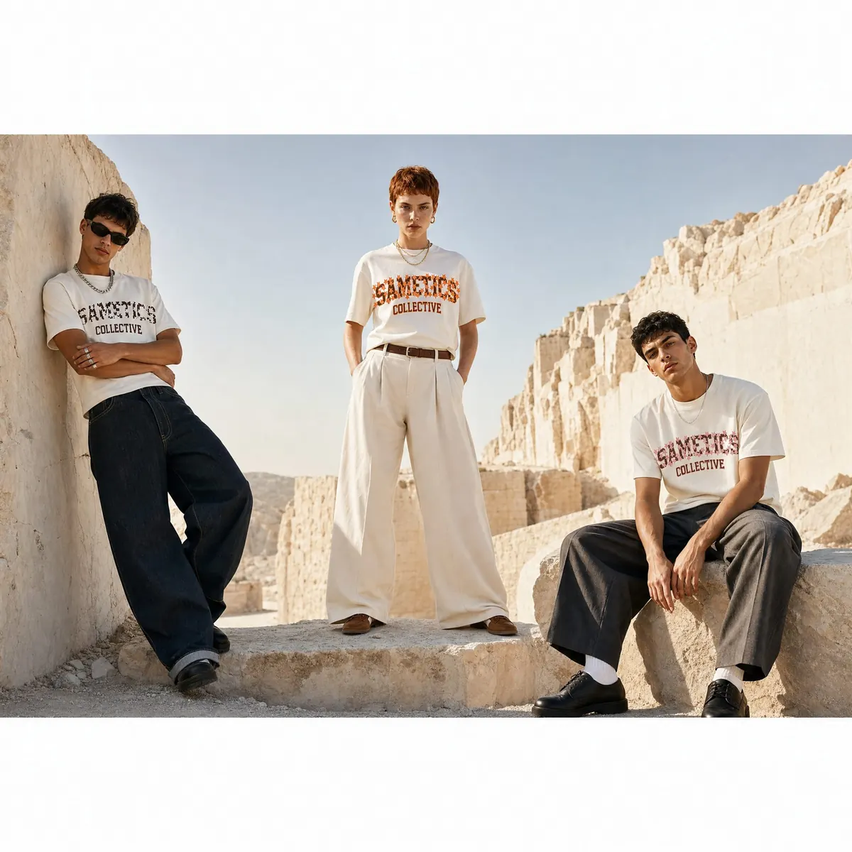 Tre modelli con le t-shirt Sametics, foto di apertura dello shop