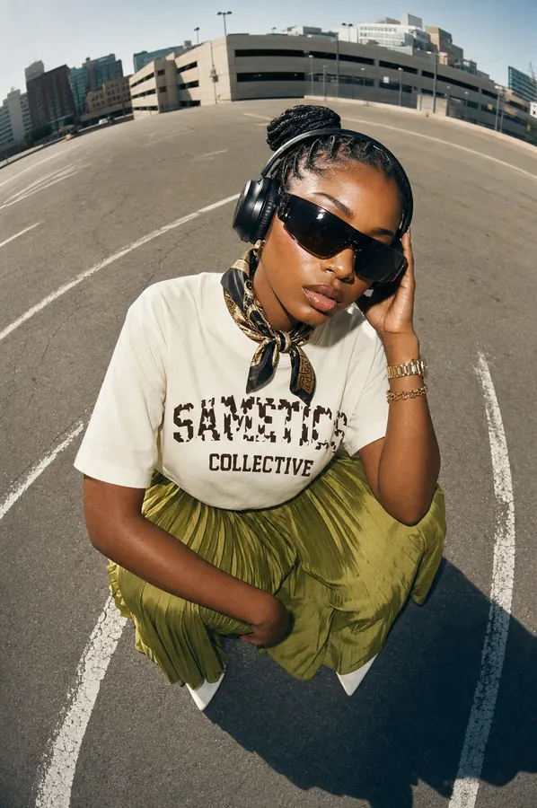 Ragazza con cuffie e t-shirt Sametics su un campo da gioco