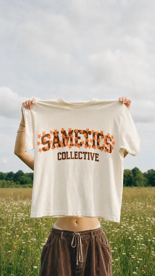 La t-shirt Sametics tenuta in mano in un campo