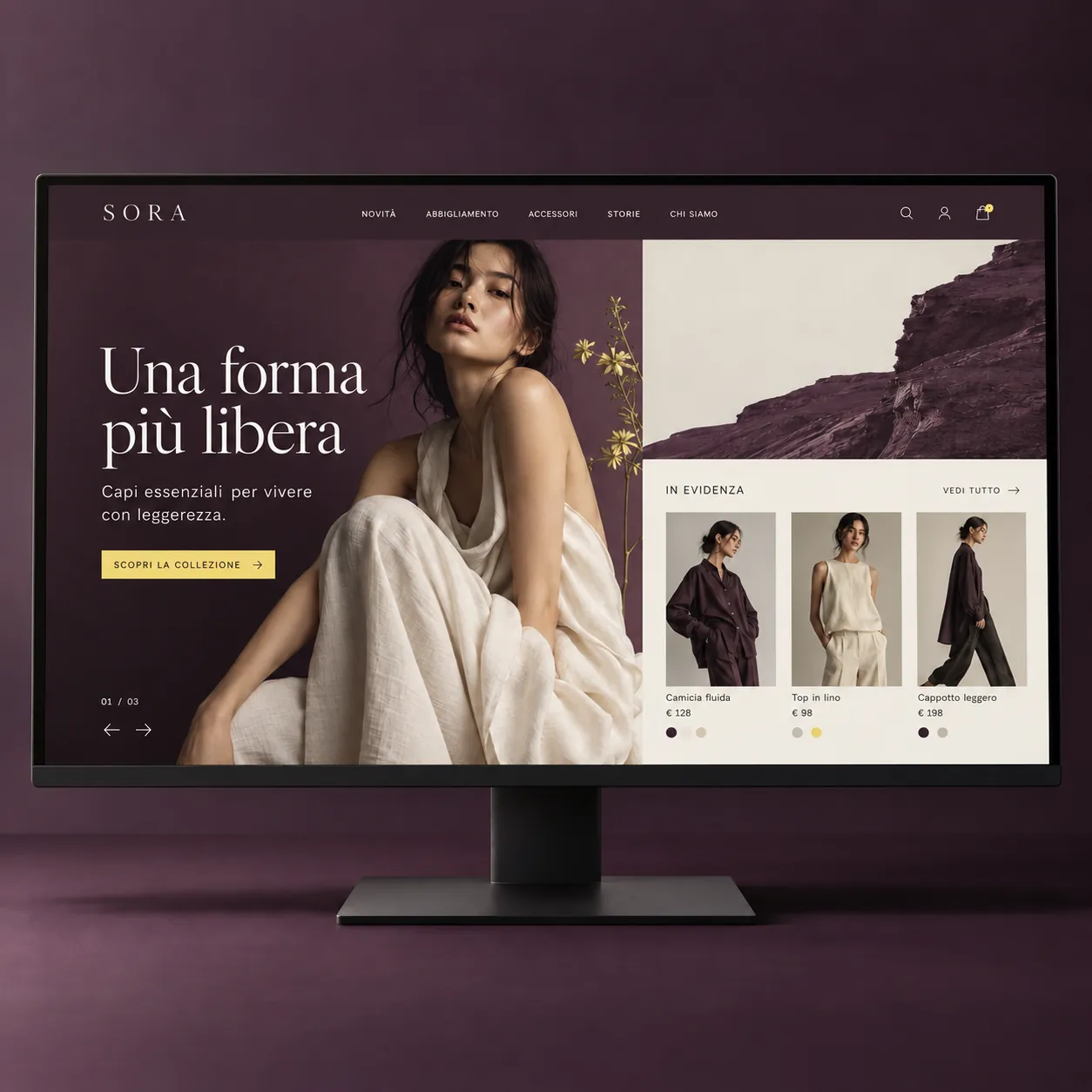 Homepage del negozio online Sora, abbigliamento essenziale