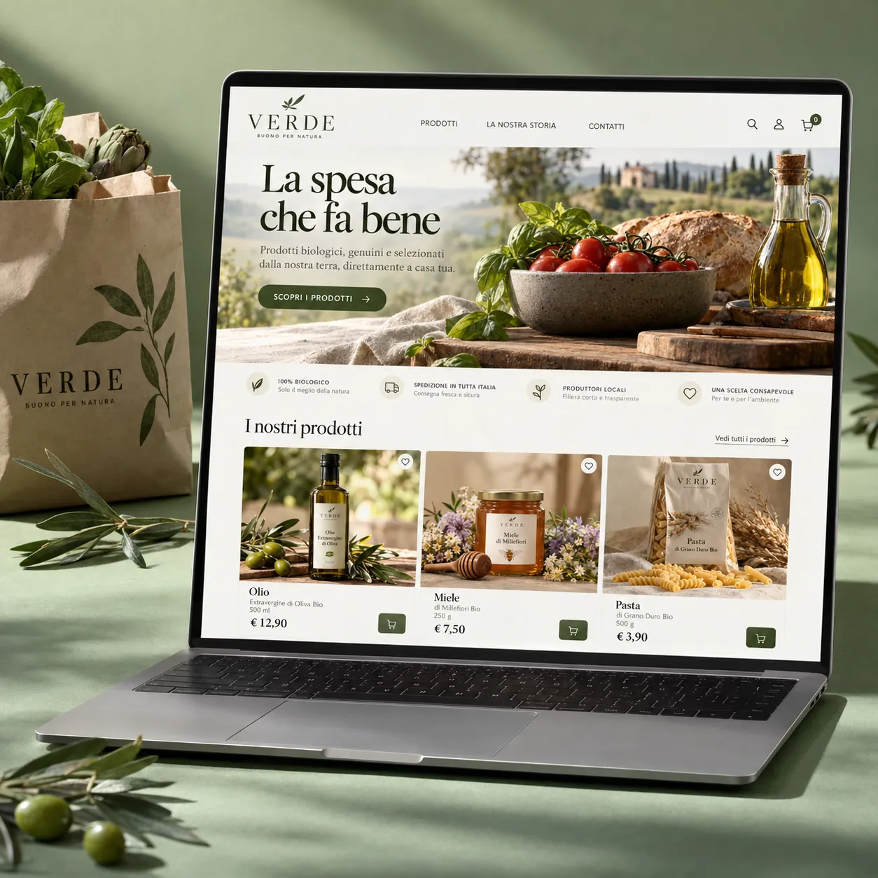 Il negozio online Verde, prodotti biologici, su un portatile