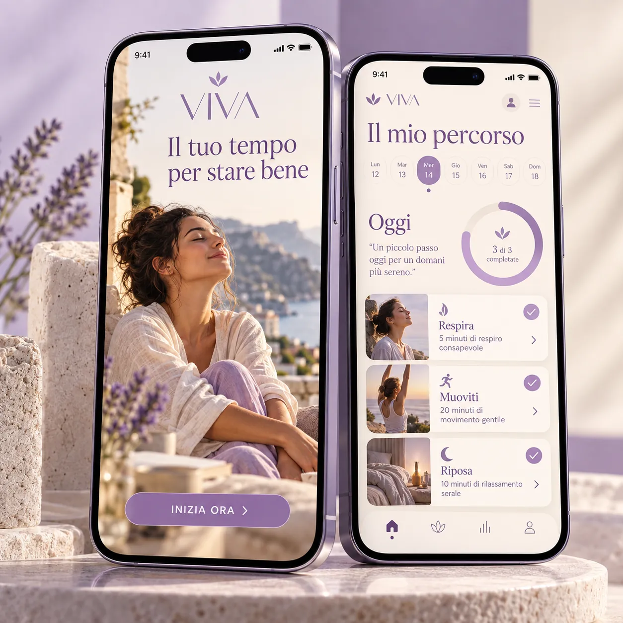 Due schermate dell’app Viva: apertura e percorso del giorno